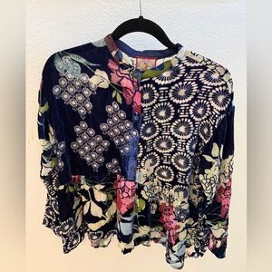Johnny Was Navy Pink Floral Velvet Patchwork Blouse